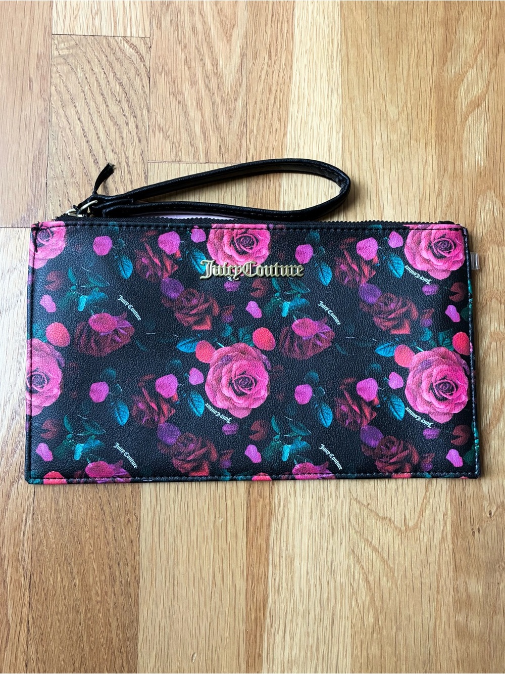 Juicy Couture Wristlet Clutch Black Multi Rose Pattern NWT